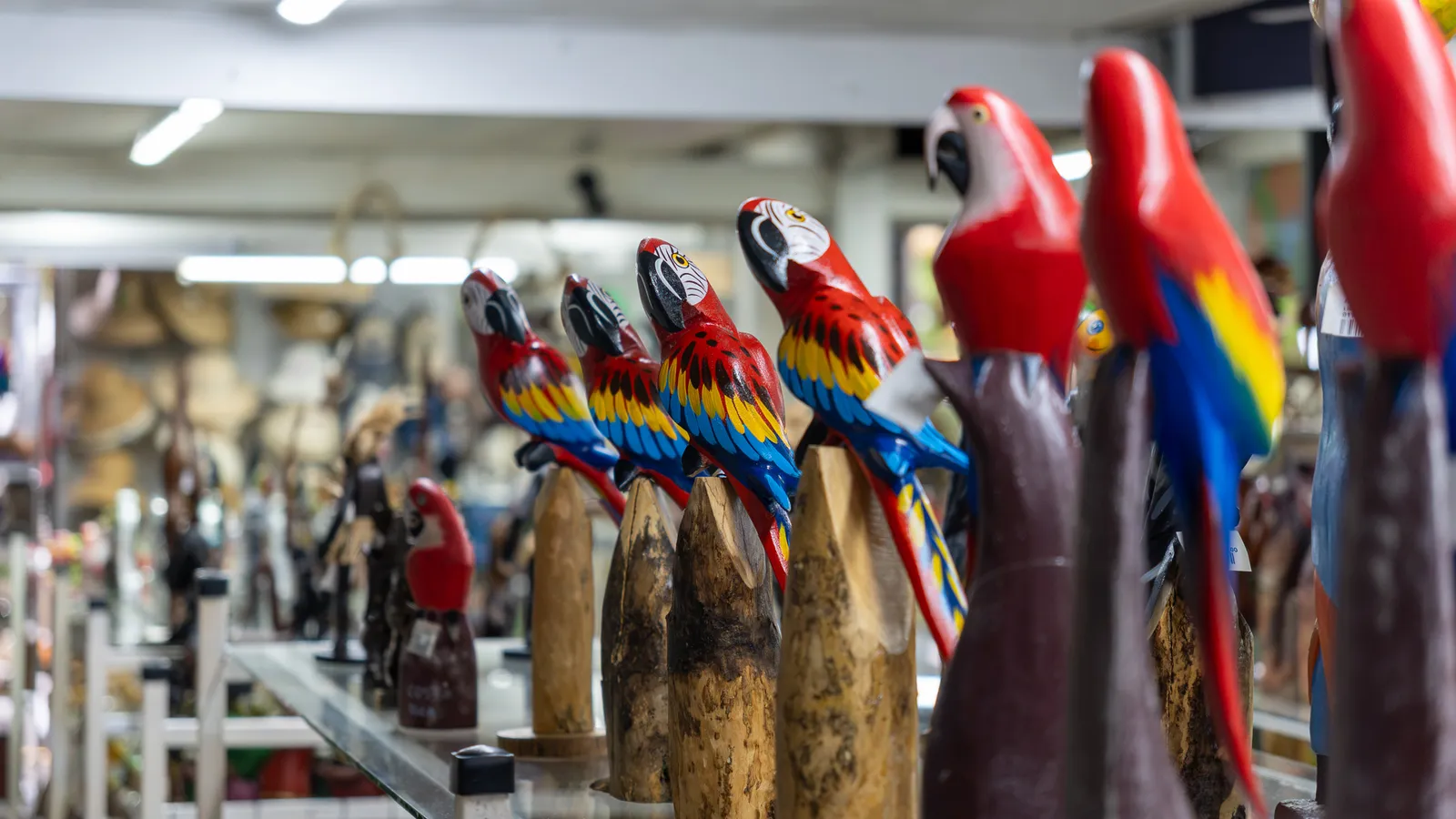 Hand-painted carved wooden scarlet macaws