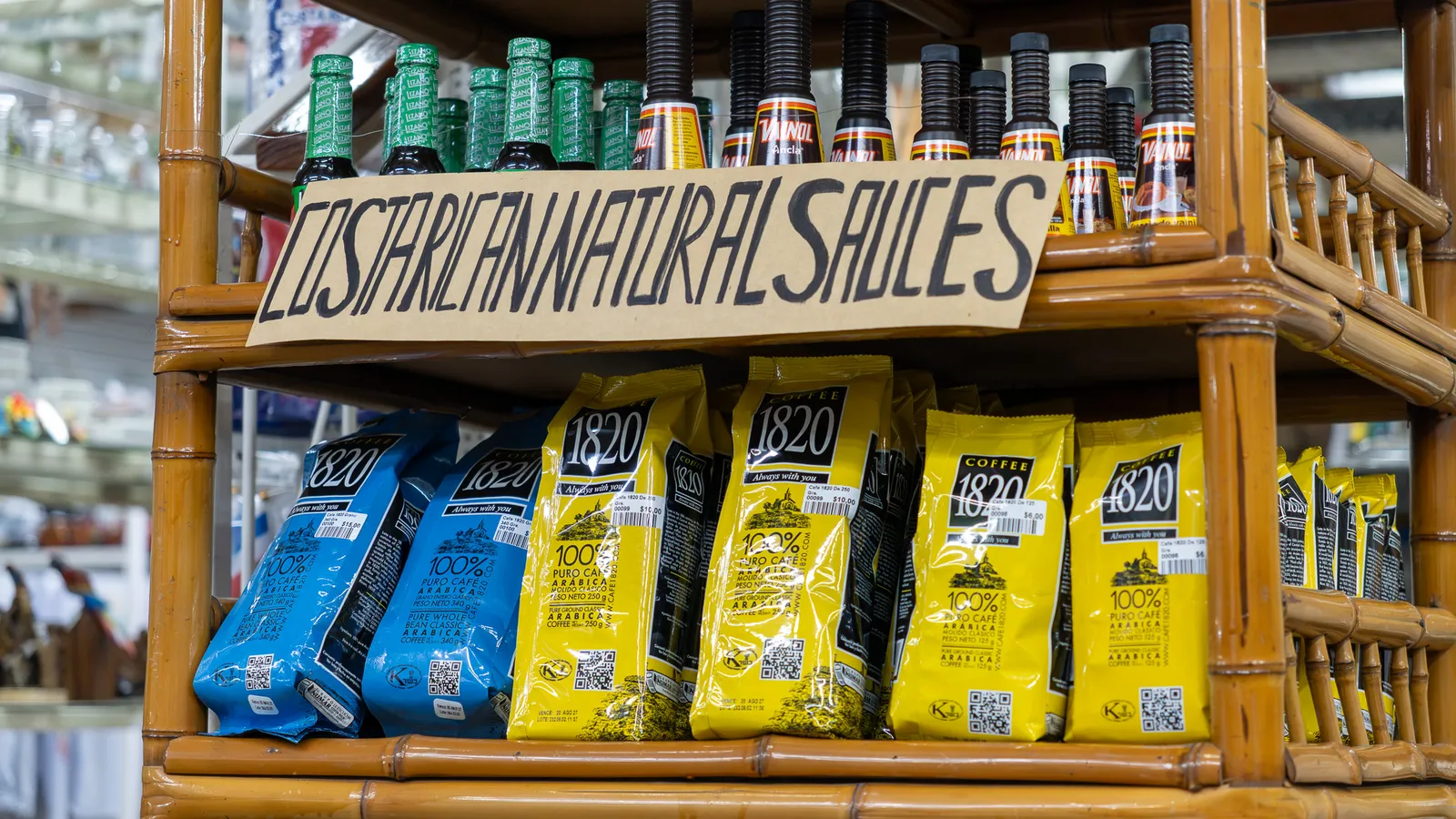 1820 coffee and Costa Rican natural sauces on a bamboo shelf