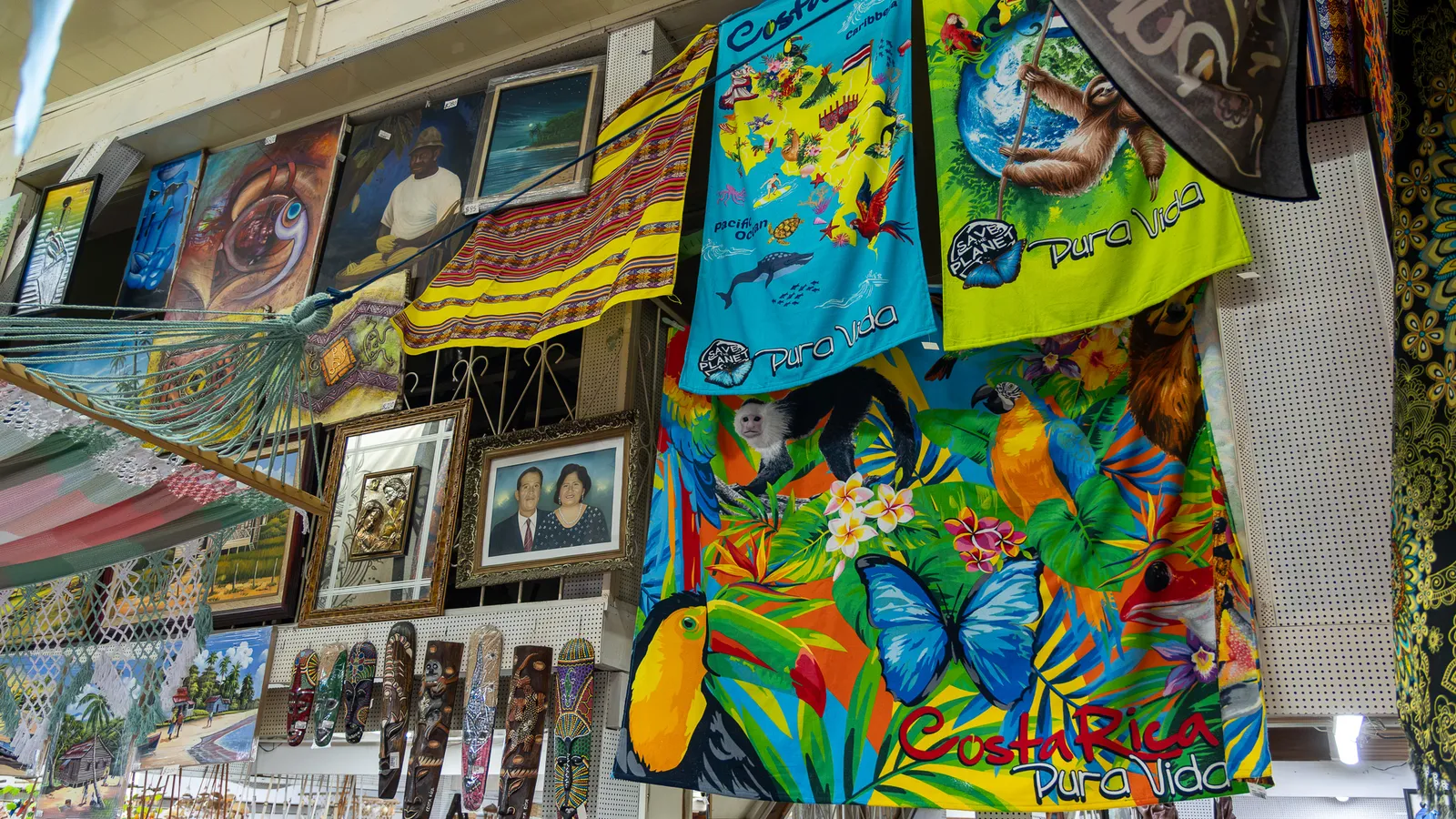 Paintings and beach towels with toucans and butterflies