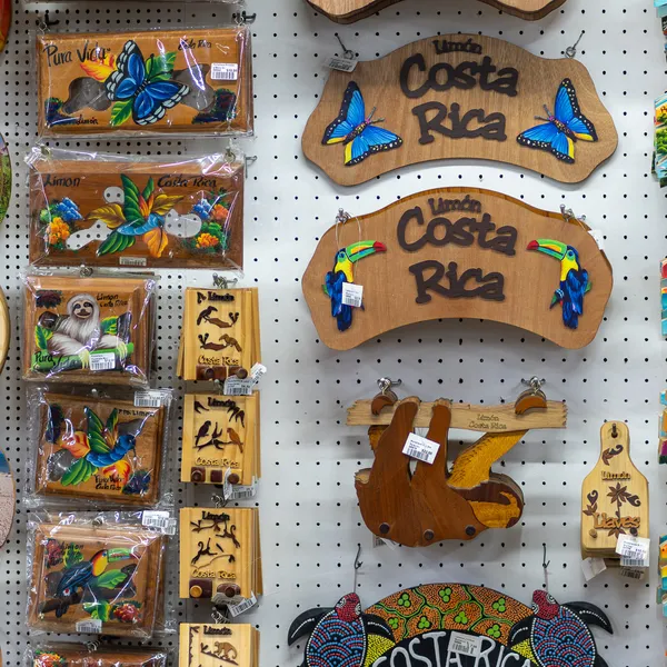 Carved wooden Costa Rica signs with butterflies and toucans